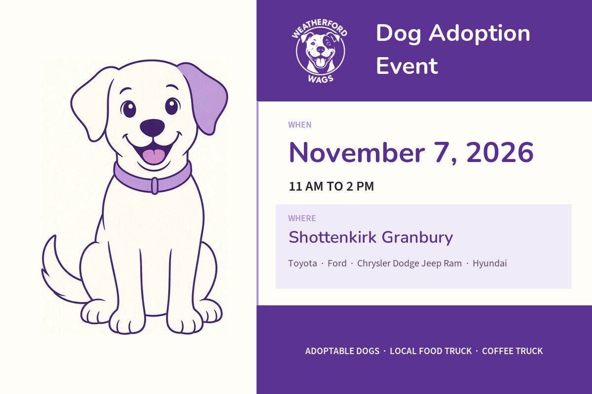 Weatherford Wags dog adoption event at Shottenkirk Granbury on November 7, 2026.